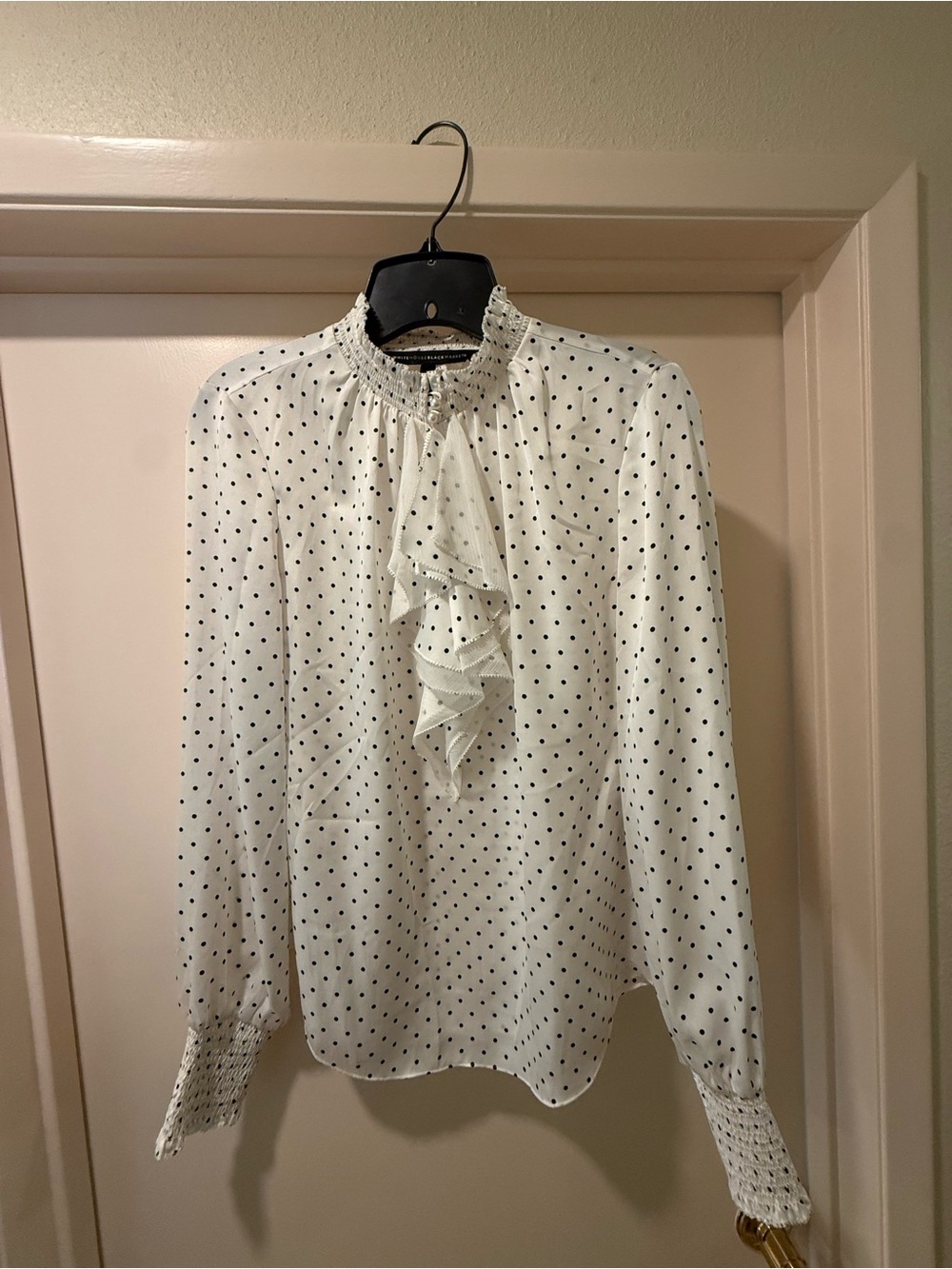 White House Black Market White Polka Dot Ruffle Blouse